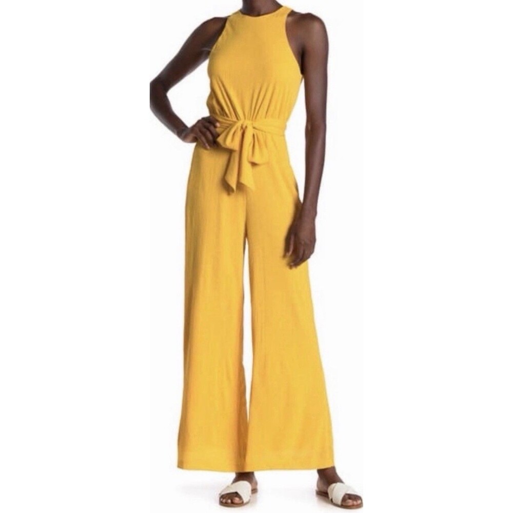 NSR Jumpsuit Women’s L Mustard Yellow Wide Leg Tie Waist Open Back Sleeveless